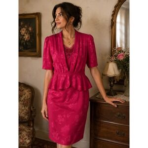Vintage New Ruby Fuchsia Floral Peplum Beaded Midi Dress USA M